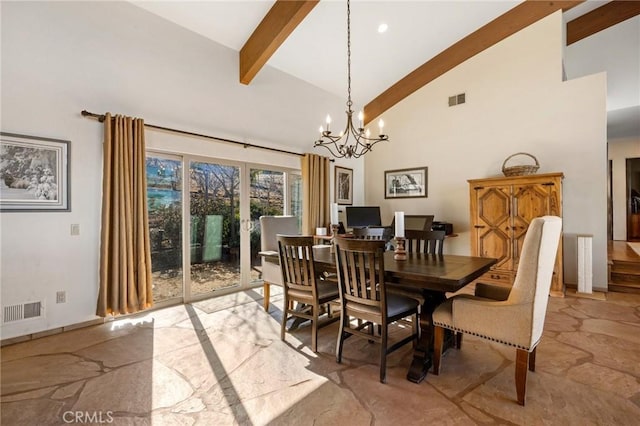 dining space featuring a chandelier, high vaulted ceiling, and beam ceiling