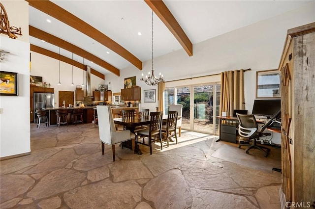 dining room with a chandelier, beamed ceiling, and high vaulted ceiling