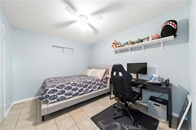 tiled bedroom with ceiling fan