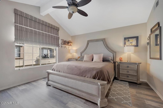 bedroom with wood-type flooring, vaulted ceiling with beams, and ceiling fan