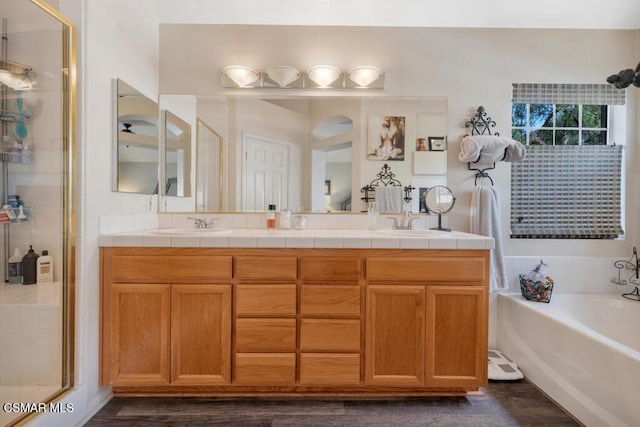 bathroom featuring vanity and plus walk in shower