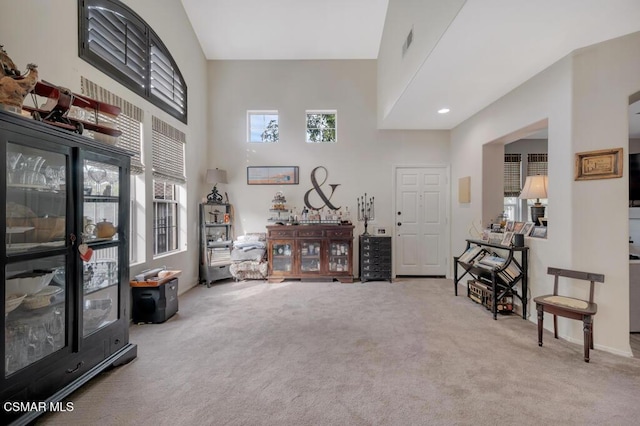 interior space featuring a high ceiling and carpet