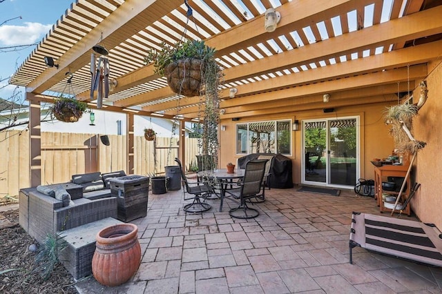 view of patio / terrace featuring outdoor lounge area and a pergola