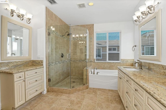 bathroom with vanity, tile patterned floors, and separate shower and tub