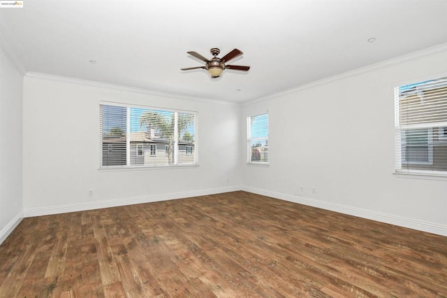 unfurnished room with ceiling fan, wood-type flooring, and crown molding