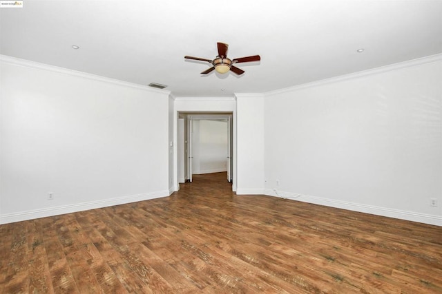 spare room featuring crown molding, hardwood / wood-style flooring, and ceiling fan