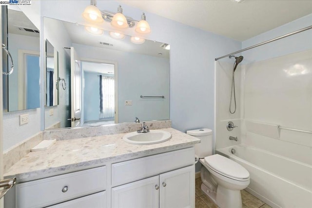 full bathroom with toilet, bathtub / shower combination, tile patterned floors, and vanity