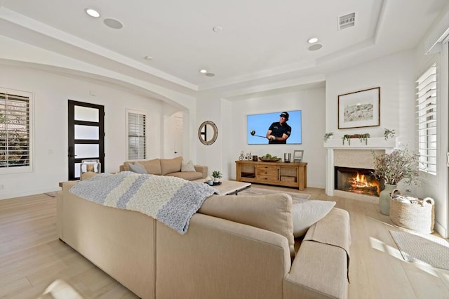 living room with a raised ceiling and light wood-type flooring