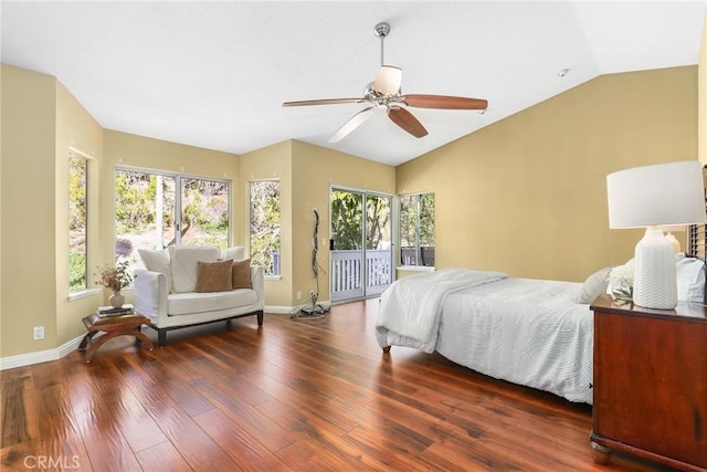 bedroom with ceiling fan, dark hardwood / wood-style flooring, vaulted ceiling, and access to outside