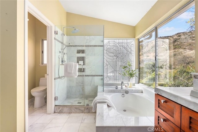 full bathroom with lofted ceiling, vanity, plus walk in shower, and toilet