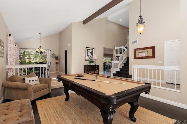 rec room with high vaulted ceiling, dark wood-type flooring, visible vents, and baseboards