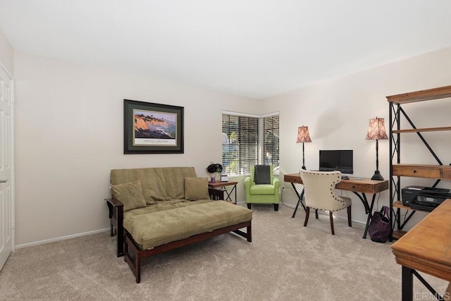 home office with light colored carpet and baseboards