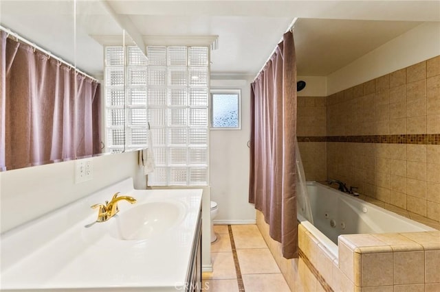 full bathroom with shower / bathtub combination with curtain, tile patterned floors, vanity, and toilet