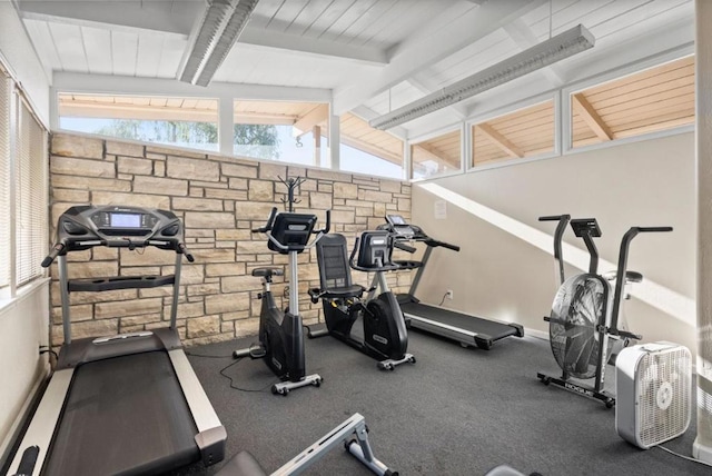 exercise room with vaulted ceiling