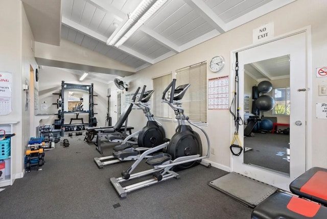 workout area featuring lofted ceiling