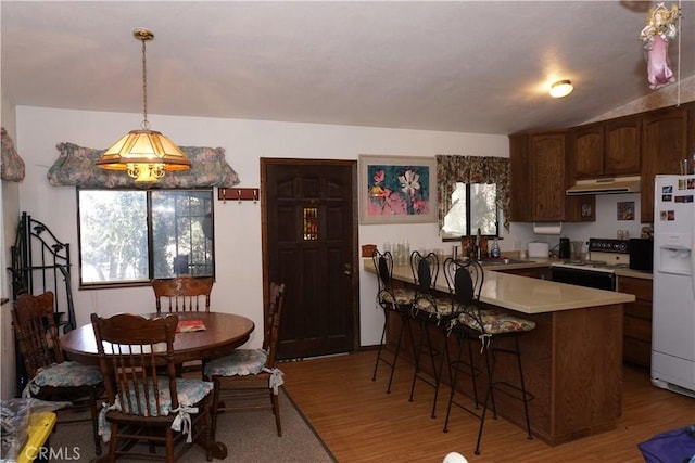 kitchen featuring white refrigerator with ice dispenser, light hardwood / wood-style floors, hanging light fixtures, range with electric stovetop, and dark brown cabinets