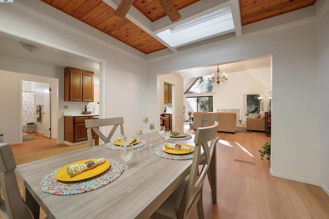 dining area featuring a skylight, light hardwood / wood-style flooring, wooden ceiling, a notable chandelier, and beamed ceiling