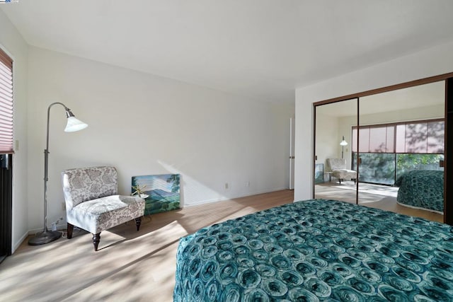 bedroom with multiple windows, wood-type flooring, and a closet