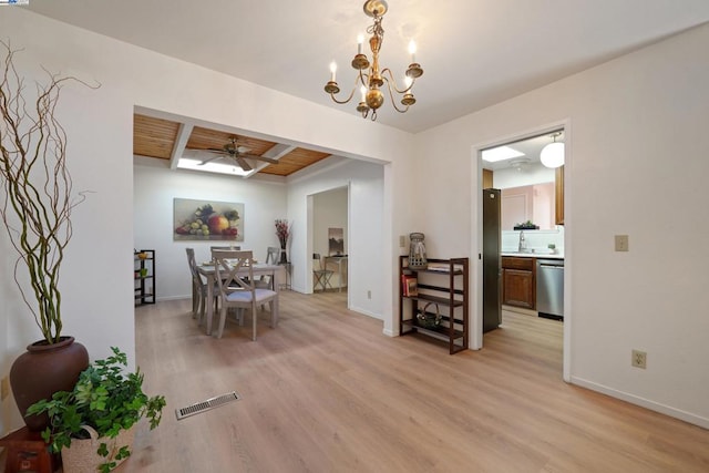 dining space with beamed ceiling, ceiling fan with notable chandelier, light hardwood / wood-style floors, and wooden ceiling