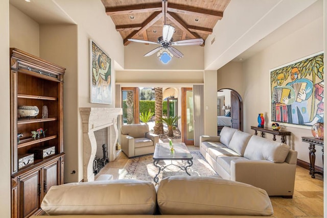 living room featuring ceiling fan, high vaulted ceiling, beam ceiling, and wood ceiling