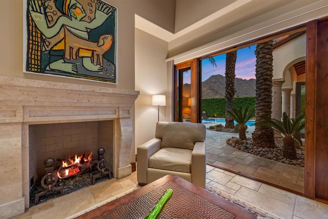 sitting room with exterior fireplace