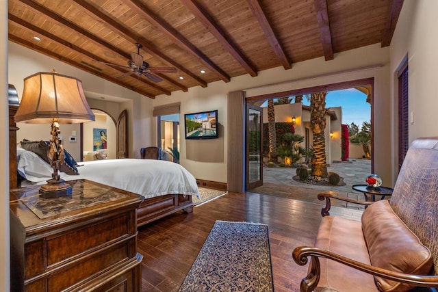 bedroom featuring wooden ceiling, dark hardwood / wood-style flooring, access to outside, and vaulted ceiling with beams