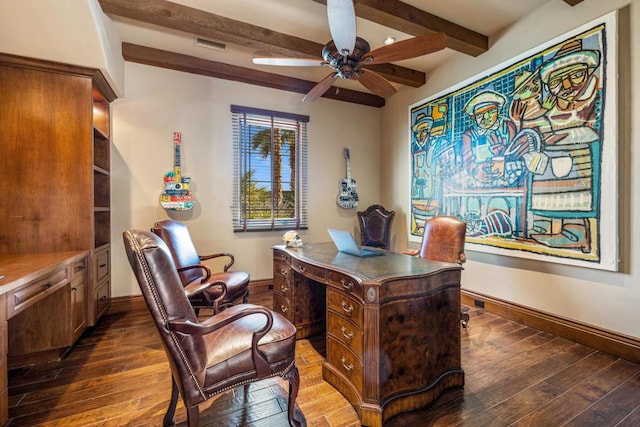 home office featuring ceiling fan, dark hardwood / wood-style flooring, and beam ceiling