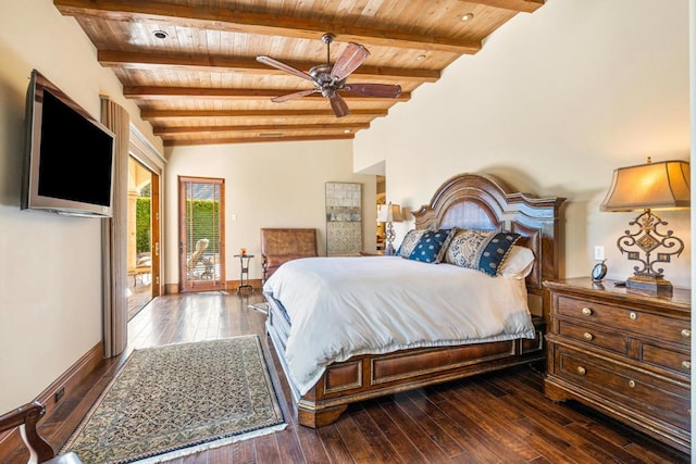 bedroom with wood-type flooring, wood ceiling, ceiling fan, and access to outside