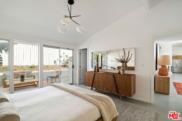 bedroom with high vaulted ceiling, access to exterior, stainless steel fridge, and an inviting chandelier