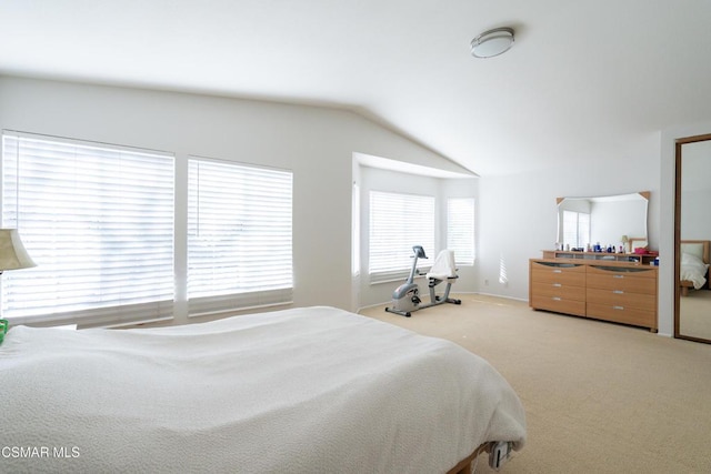 carpeted bedroom with vaulted ceiling