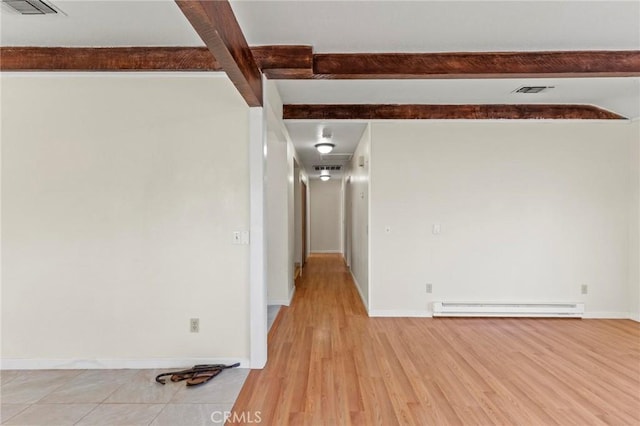 empty room with baseboard heating, light hardwood / wood-style floors, and beamed ceiling