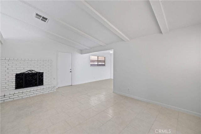 unfurnished living room featuring a brick fireplace, light tile patterned flooring, and vaulted ceiling with beams