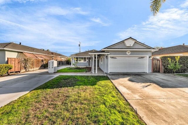 ranch-style home with a garage and a front lawn