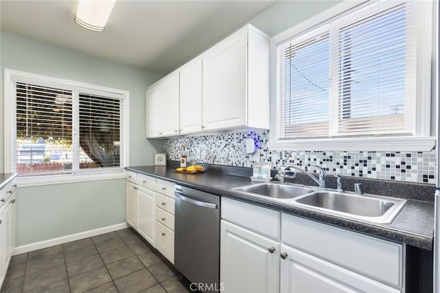 kitchen with sink, white cabinets, dishwasher, and dark tile patterned floors