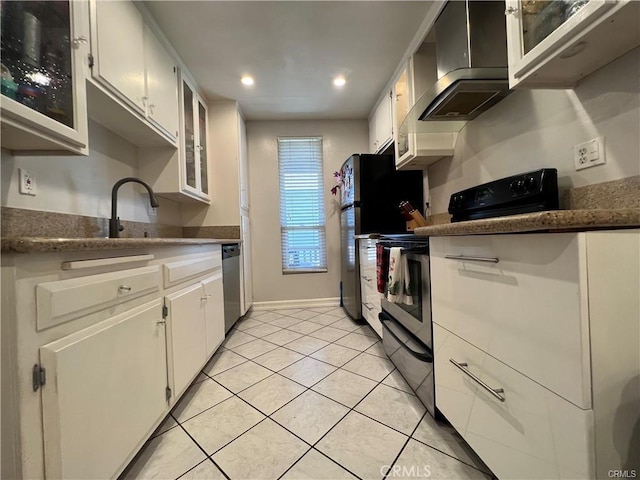 kitchen with white cabinets, dishwasher, wall chimney range hood, and electric stove