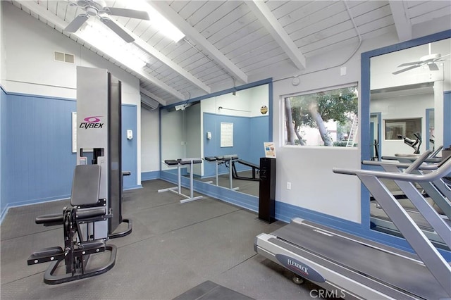 exercise room featuring vaulted ceiling, wooden ceiling, and ceiling fan