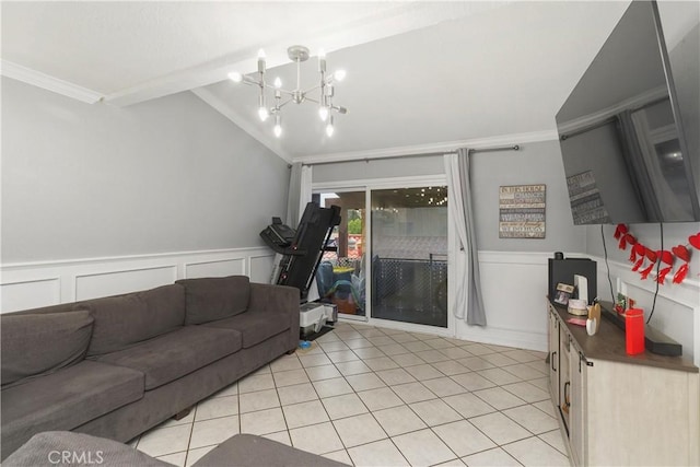 tiled living room with ornamental molding, lofted ceiling, and a chandelier