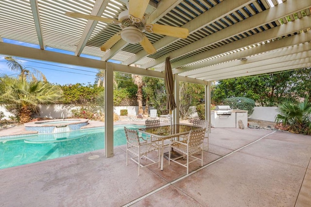 view of swimming pool with an in ground hot tub, a patio area, ceiling fan, area for grilling, and a pergola