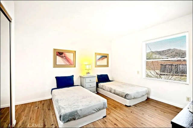 bedroom with baseboards, a closet, and light wood-style floors