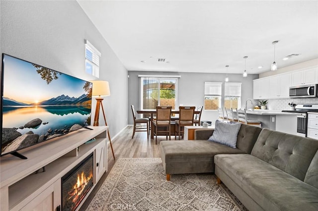 living room with light hardwood / wood-style flooring