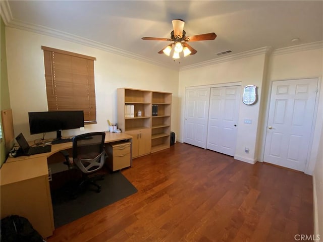 office featuring ceiling fan, dark wood-type flooring, and crown molding