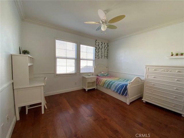 bedroom featuring ornamental molding, ceiling fan, and dark hardwood / wood-style flooring