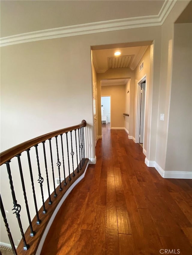 corridor featuring dark hardwood / wood-style flooring and crown molding