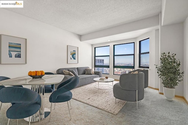 carpeted living room featuring a textured ceiling