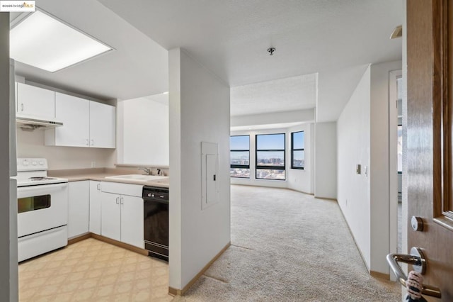 kitchen with dishwasher, white cabinetry, white range with electric stovetop, sink, and light colored carpet