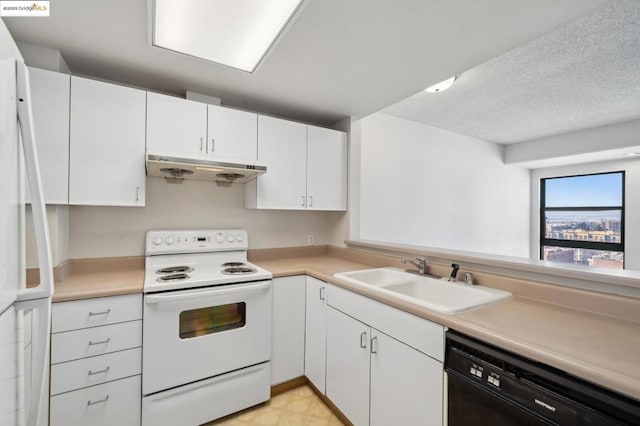 kitchen featuring sink, white electric stove, black dishwasher, and white cabinetry