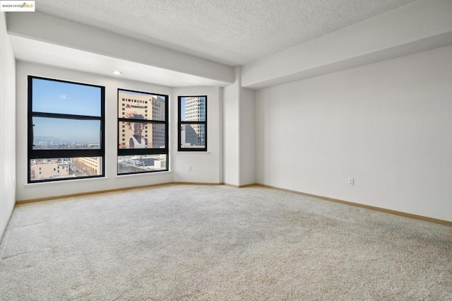 carpeted empty room featuring a textured ceiling