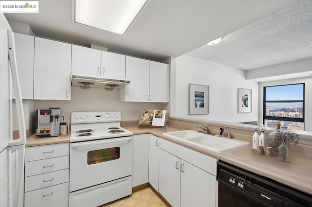 kitchen featuring sink, electric range, black dishwasher, and white cabinets