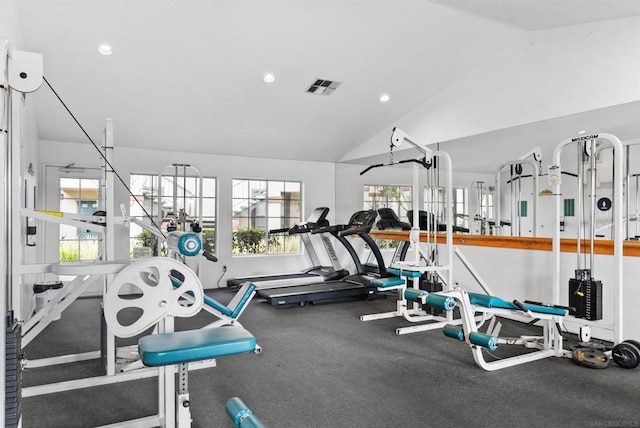 exercise room featuring vaulted ceiling