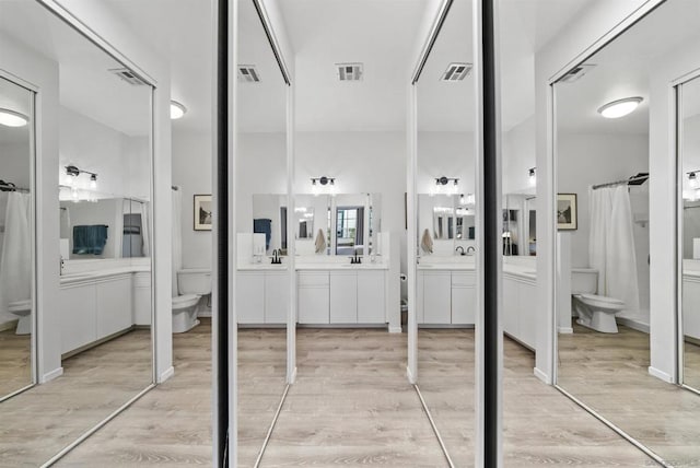 bathroom with hardwood / wood-style flooring, vanity, and toilet